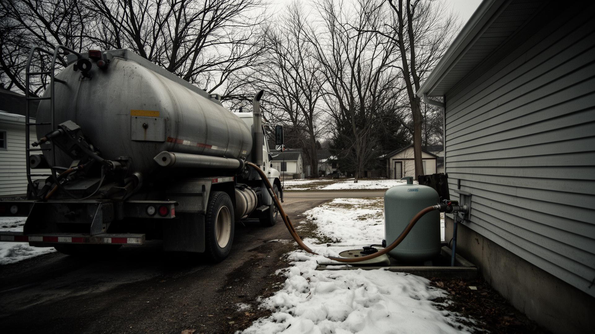 Prestige Oil delivery truck filling a residential heating oil tank in winter.