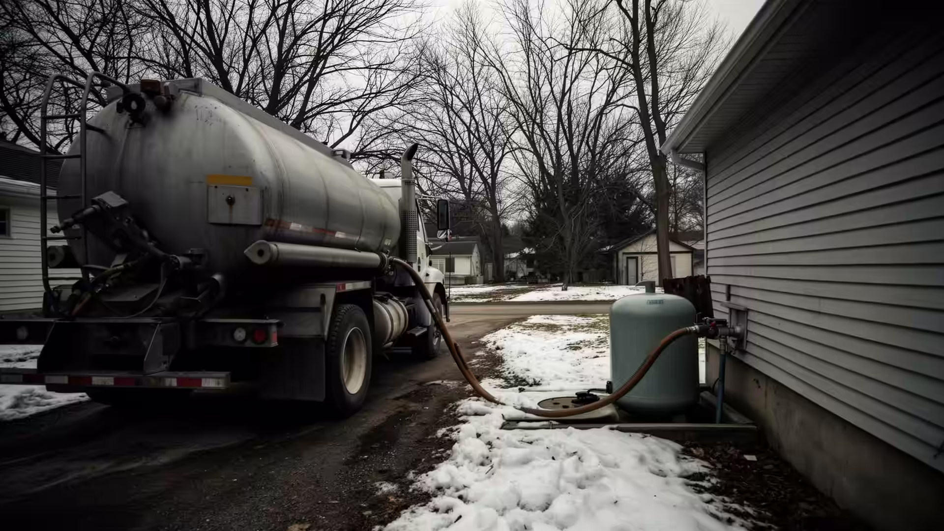 Prestige Oil delivery truck filling a residential heating oil tank in winter.
